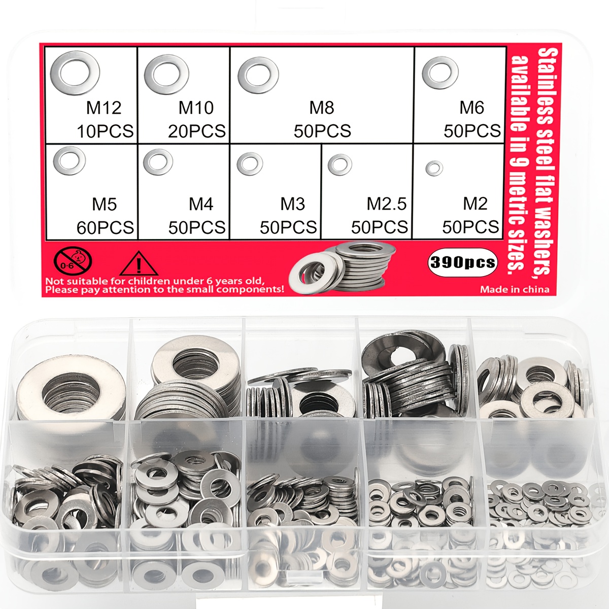 TEMU 390pcs Set, Stainless Steel Flat Washers, M2-m12 Washers, 9 Sizes Of Metric Locking Washers, O-rings, Suitable For Screws And Bolts, Rust-proof