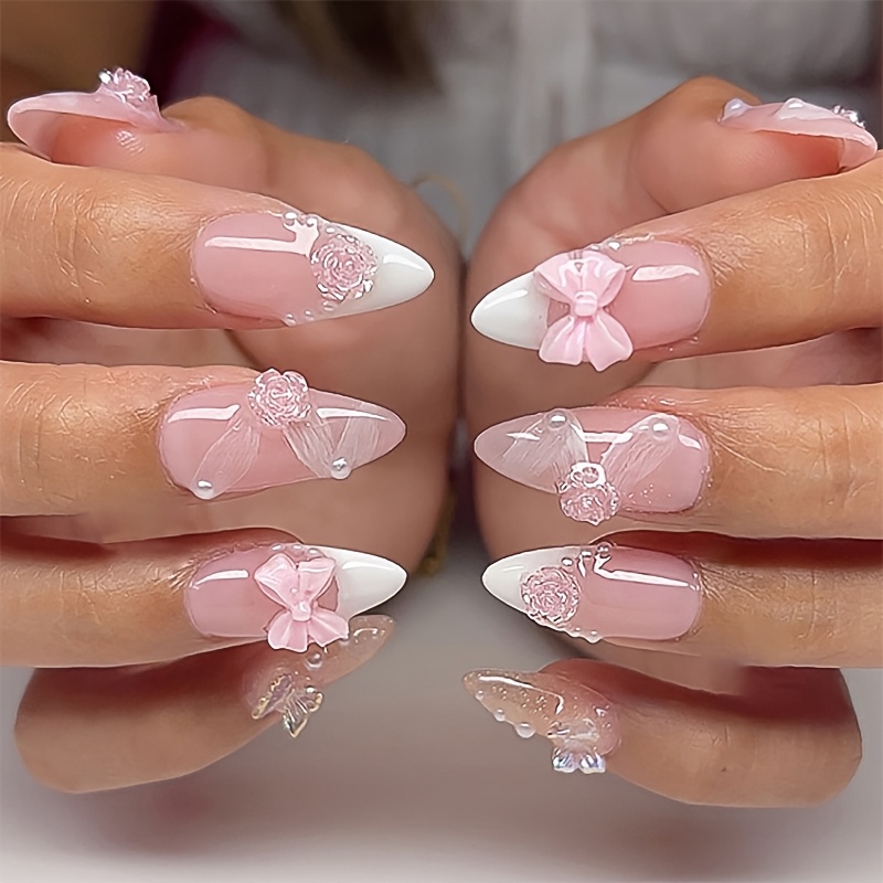 E-shop 24 Stück Französische Weiße Aufdrück-Nägel Perlen Nägel 3D Schleife Nägel Set Kurze Falsche Nägel Mandel Form Nägel Blumen Weiße Falsche Nägel