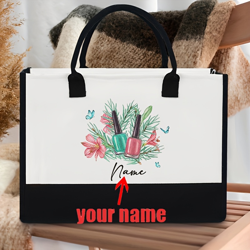 

1pc Personalized Nail Tech Canvas Tote Bag, Monogrammed Polyester Shopping Bag With Custom Name, Fashionable Nail Tech Pattern, Large Gift Bag For Women - Hand Washable