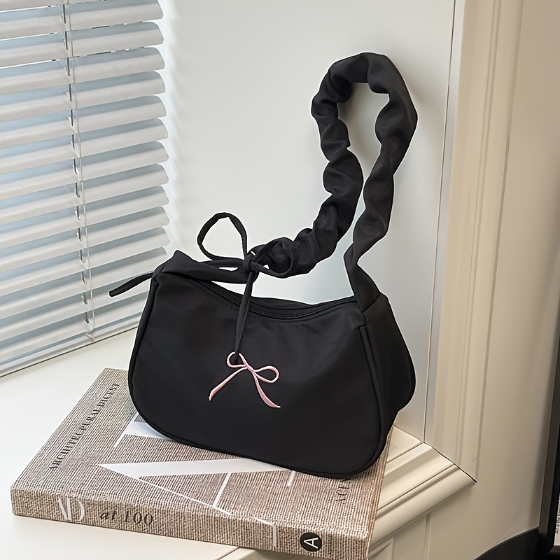 TEMU Women's Printed Bow Adjustable Crossbody Shoulder Bag - Casual Korean Style Nylon Single Shoulder Bag, Zipper Closure Matching Cosmetic Bag,