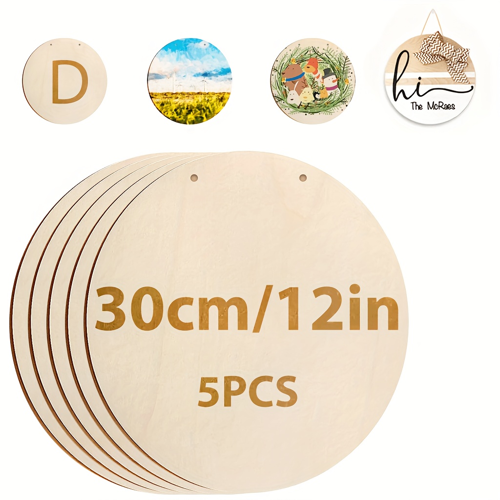 TEMU 5 Stück, 30 cm (12 Zoll) runde, leere Lindenholzplatten mit Löchern, mit Hanfseil, leere, geschnittene, runde Bretter zum Handbemalen,