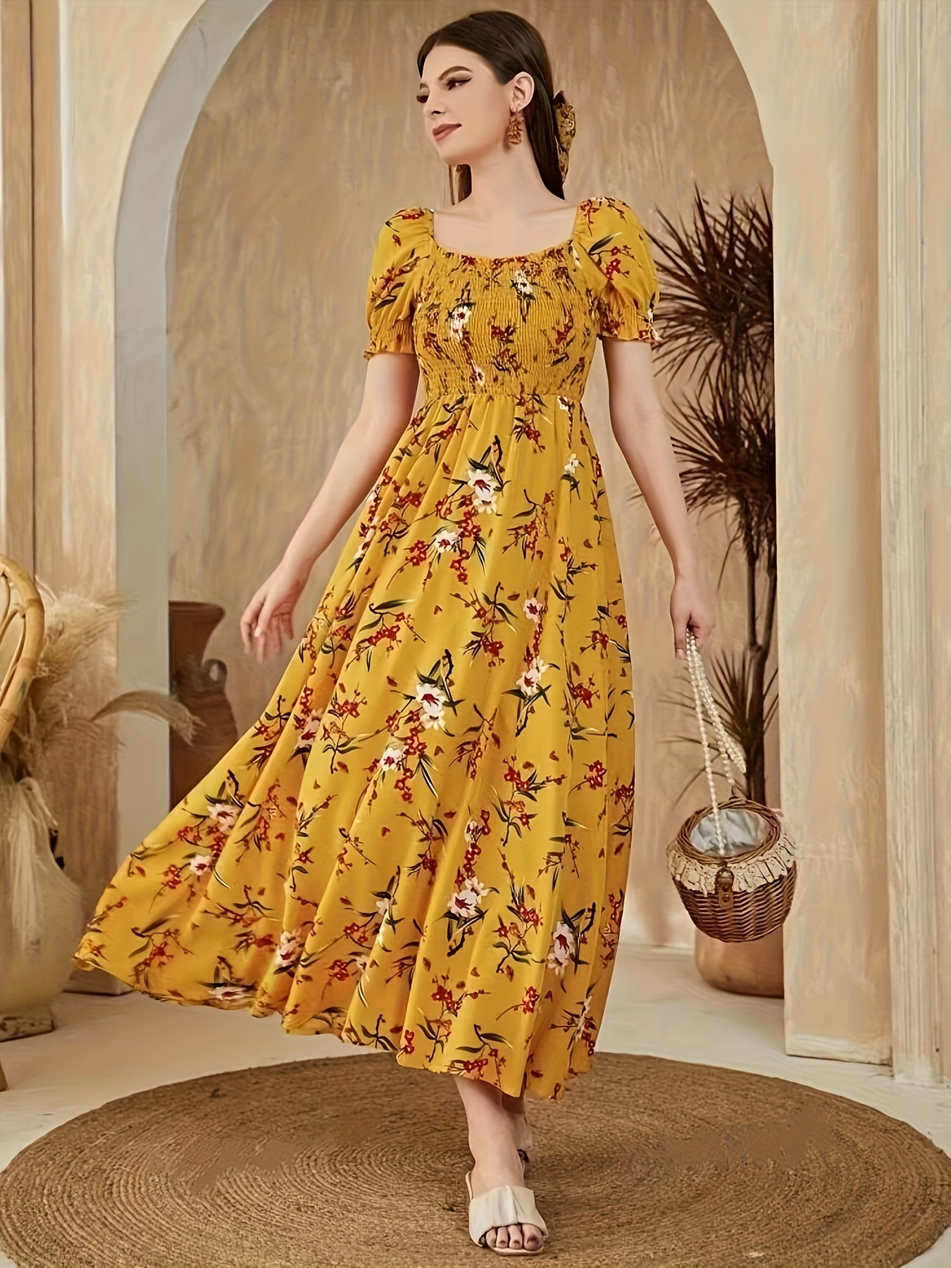 Newness Floral Print A Line Shirred Dress in a flattering pose