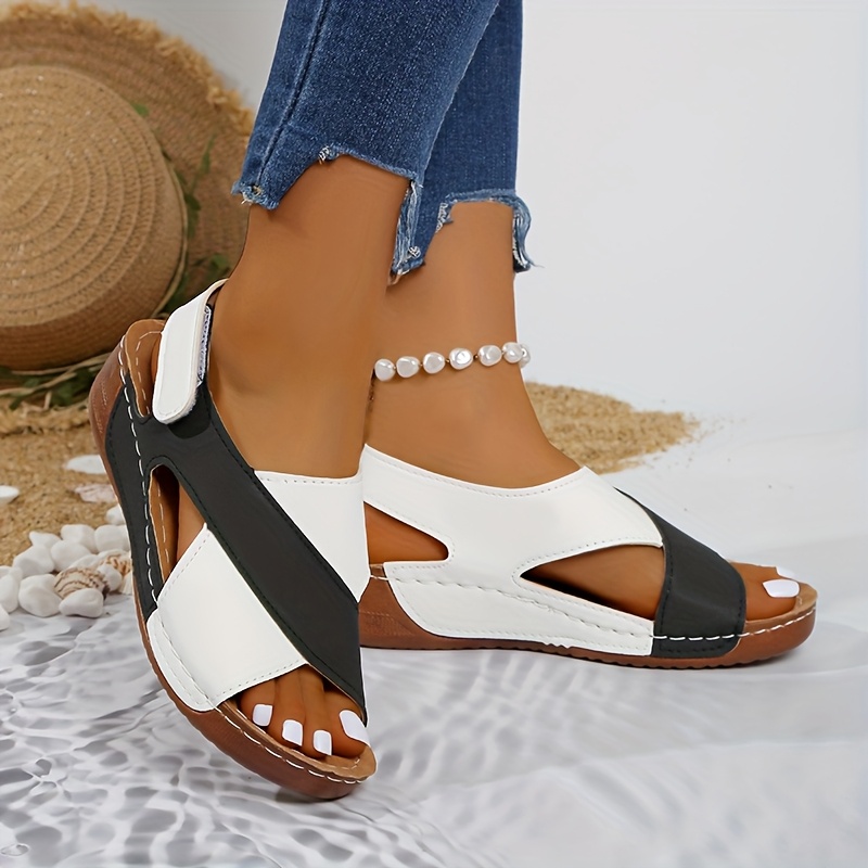 Women's Two-Tone Wedge Sandals - Open Toe, Chunky Heel, Faux Cover with Metallic Buckle Strap, Perfect for Beach, Party & Casual Outings, Beachwear Shoes | Durable Tpr Sole, Ladies Sandals