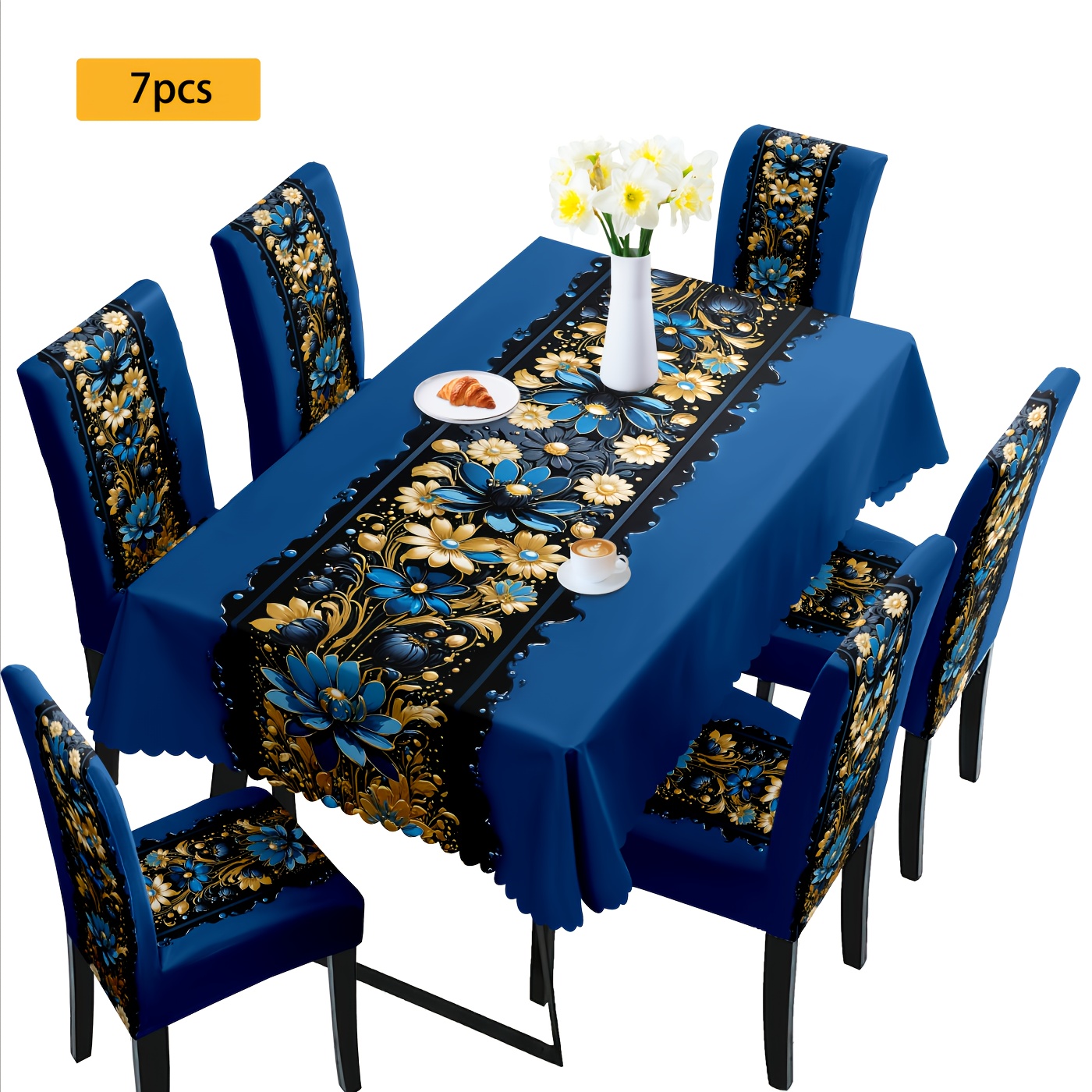 TEMU 4/6/5/7pcs High-end Blue-golden Printed Chair Cover And Tablecloth Set, 4pcs (4 Chair Covers), 6pcs (6 Chair Covers), 5pcs (1 Tablecloth + 4