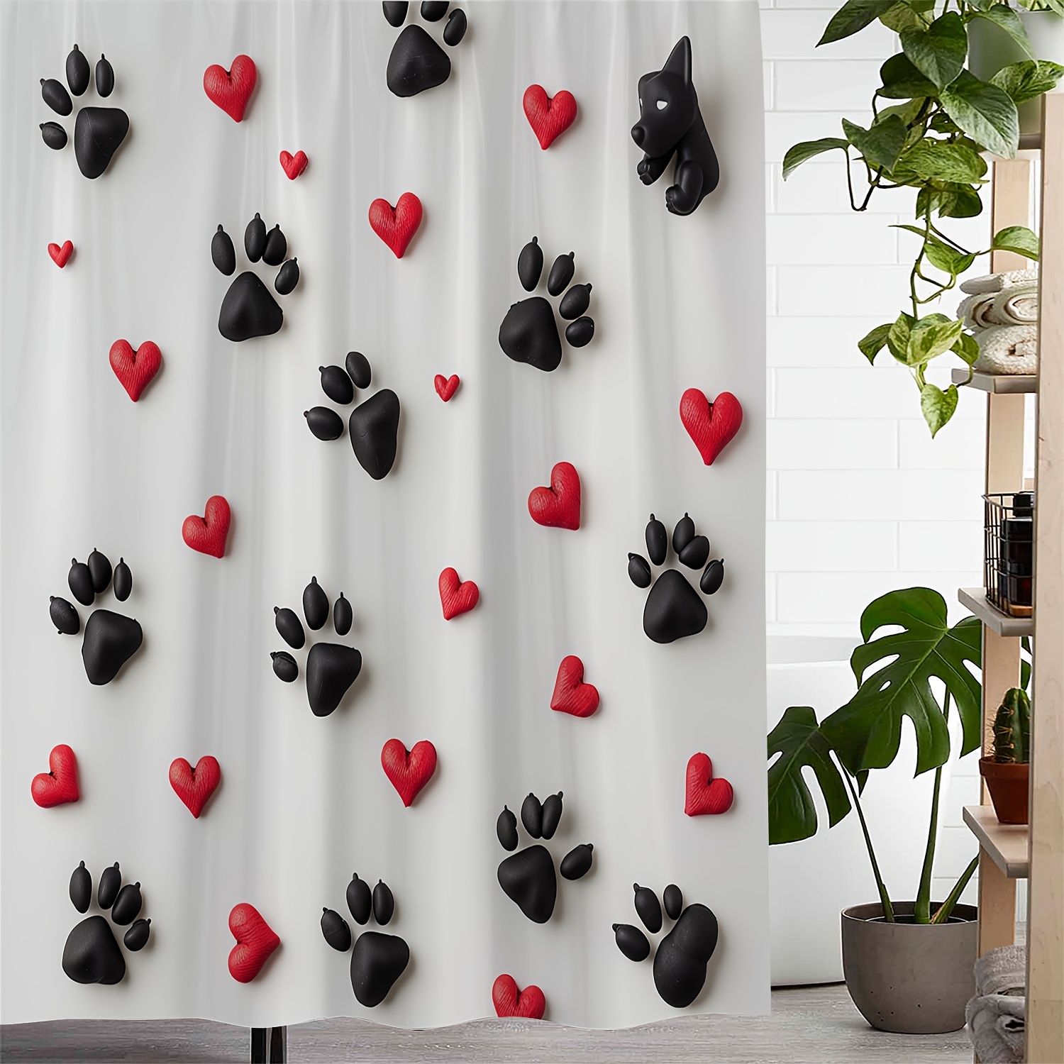 

1pc Cute Paw Print & Hearts Design Waterproof Shower Curtain, 72x72 Inches With 12 Hooks, Pet Lover Bathroom Decor, Mildew Resistant Fabric Curtain For Bathtub And Window