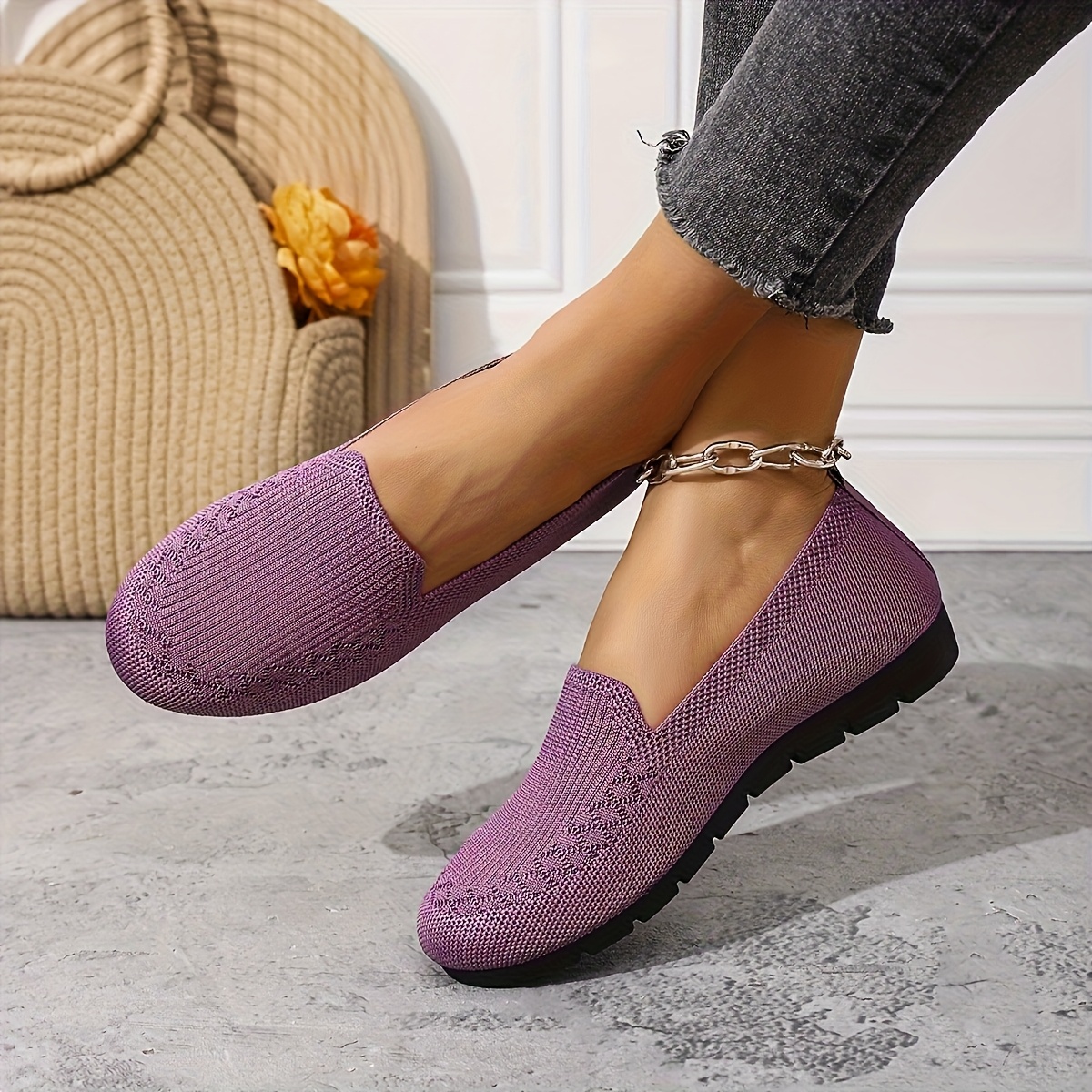 Women'S Purple Knit Loafers - Slip-On, Lightweight, Non-Slip Flat Walking Shoes, Casual All-Season Low Top Fabric Sneakers, PVC Sole and Fabric Insole, Comfortable and Breathable, Allseason Loafers | Casual Loafers | Comfortable Footwear, Loafer Sneakers