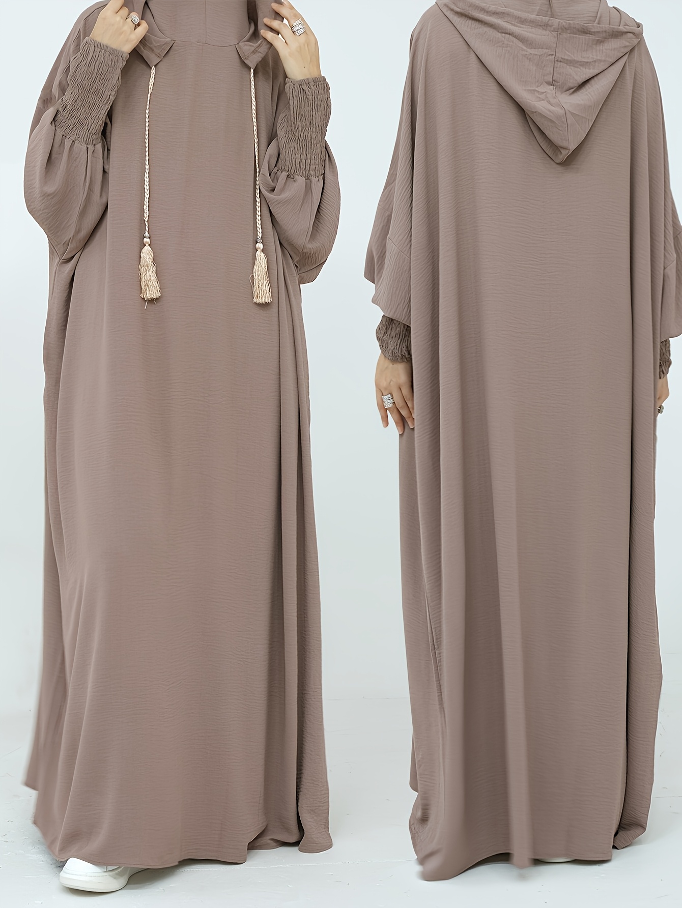 muslim hooded robe olive green middle eastern arab turkish style casual loose fit with long sleeves and tassel detail khaki 0