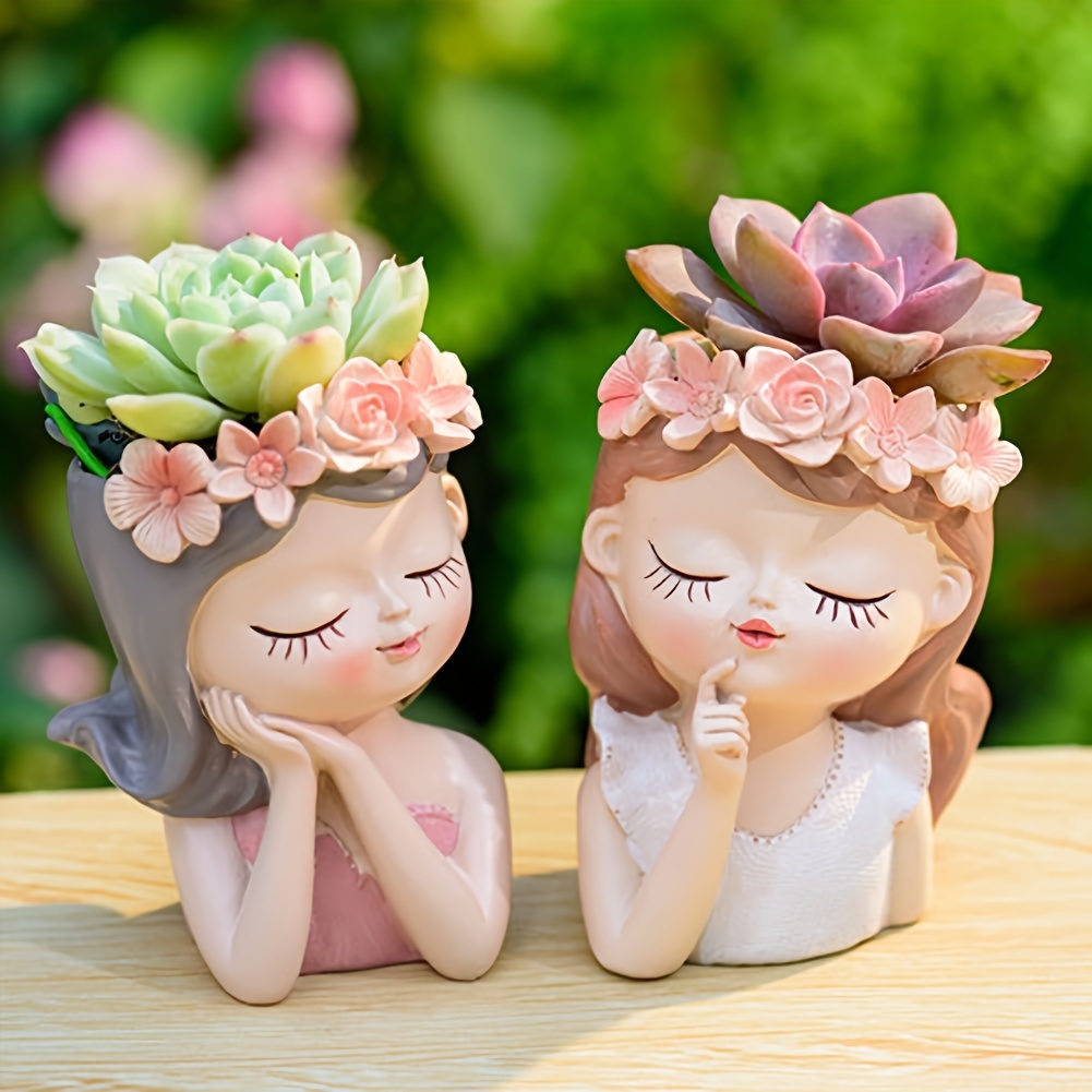 

1pc Adorable Girl Face Small Succulent Pot With Drainage Holes Lovely Flower Pot 1pc Head Planter Fairy Garden Pots For Plants Lover Gift Idea Decorative Planter For Indoor Plants