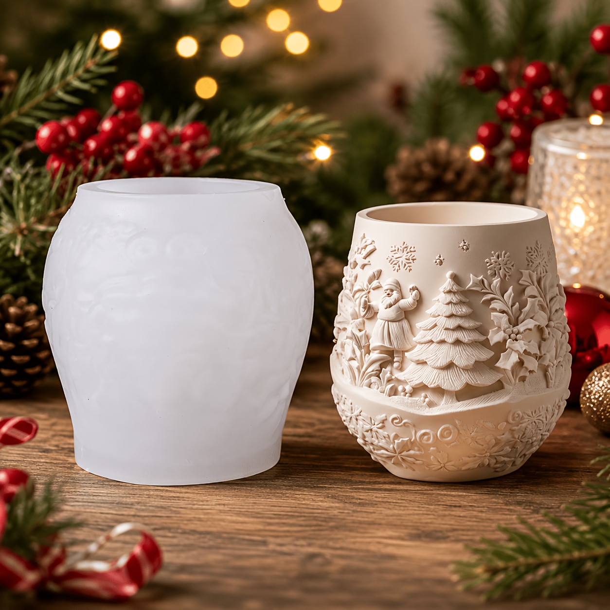 TEMU Moule en silicone-résine, Moule en silicone pour pot de fleurs en Scène de neige de Noël, Moule de en plâtre Père Noël, pin, de neige en