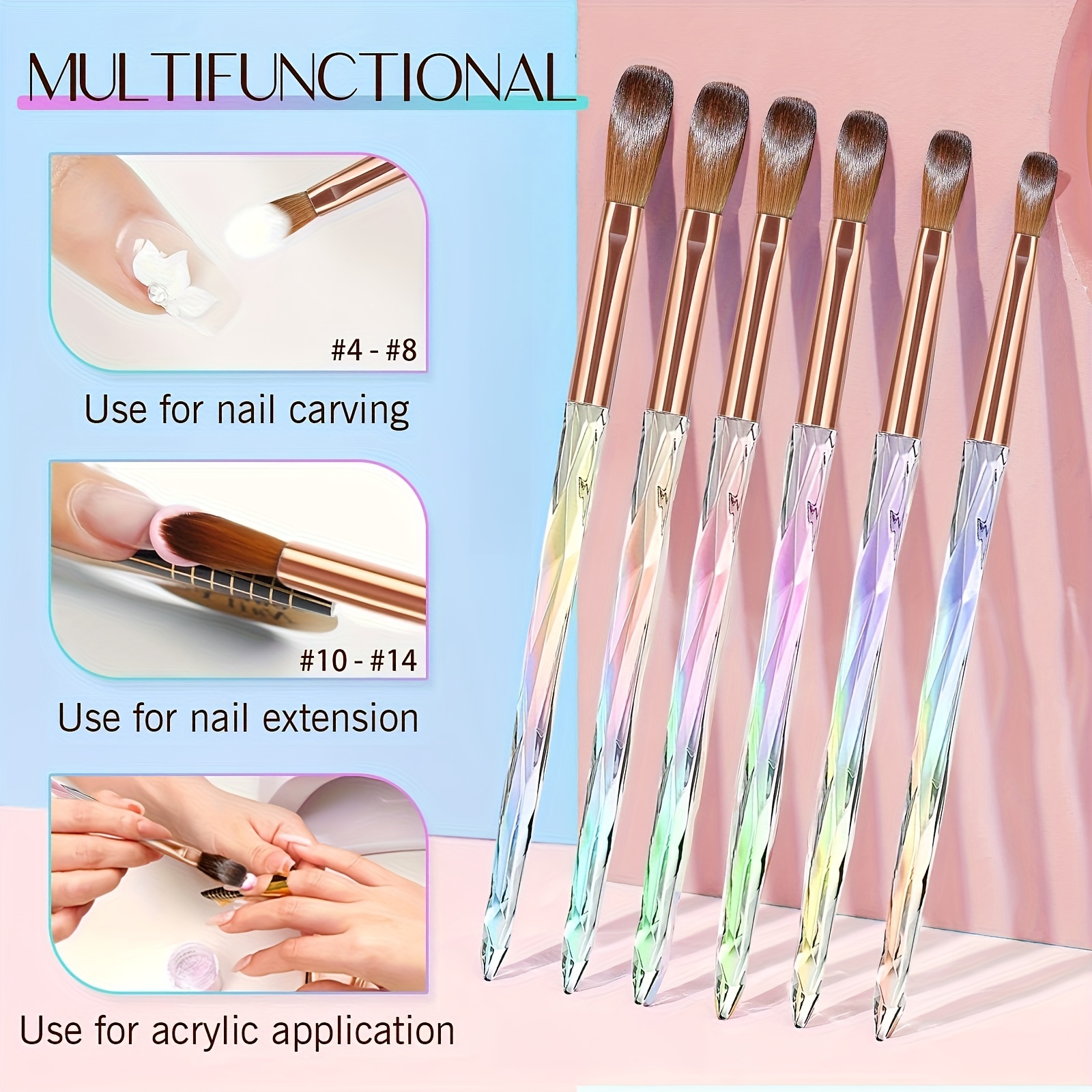 

6-piece Professional Acrylic Nail Brush Set For Beginners, Easy Extension & Carving, Multifunctional Nail Art Brushes For Acrylic Application, High-quality Powder Smoothing, Unscented