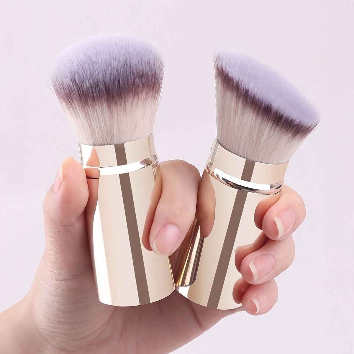 Image of A Set Of 2 Professional Angled And Round Retractable Brushes, Including Makeup Brushes, Blush Brushes, Foundation Brushes, And Loose Powder Brushes, Synthetic Fibers, Suitable For Home Use Or