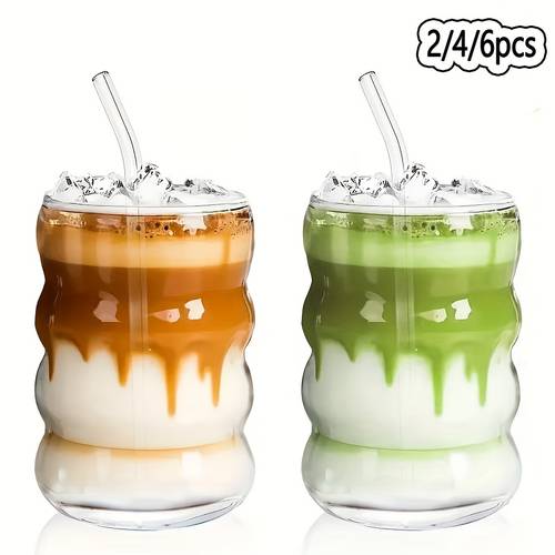 item picture 2 4 6pcs 350ml 11 8oz high borosilicate glass coffee cups with straws ripple shaped vintage drinking glass matcha cups clear aesthetic glassware for water soda juice coffee milk matcha perfect gift