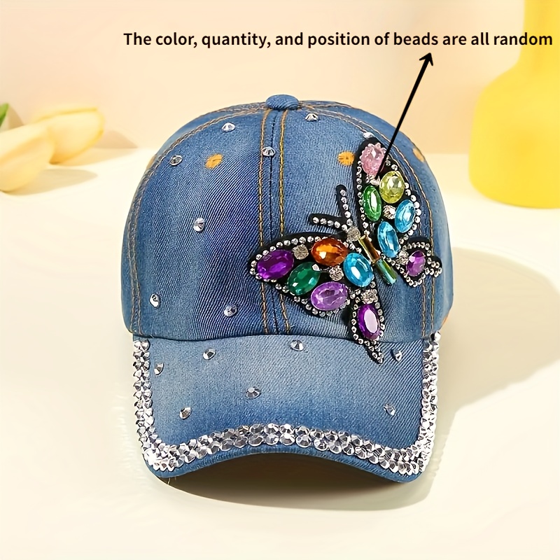 

Butterfly Pattern Rhinestone Decor Fashionable Baseball Cap, Women's Sunshade Washed Denim Sport Hat For Outdoor For Music Festival