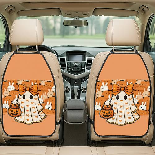 2pcs halloween cute pumpkin lantern print themed car seat kick mats dirt resistant and wear resistant backseat anti scratch protective pads and remove maintenance a must have for car use an holiday gift