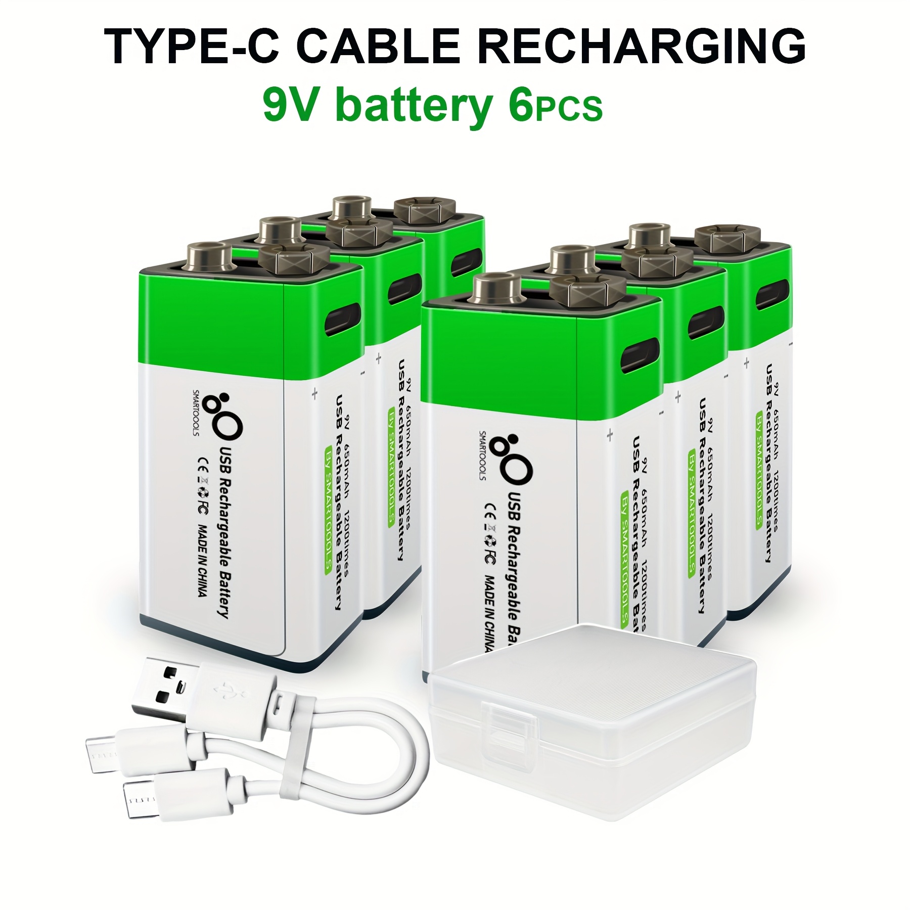 TEMU Set Of 6 Rechargeable 9v Lithium-ion Batteries With Usb/type-c Charging, Featuring A High Capacity Of 650mah And 5920mwh. Offer Charge Time Of