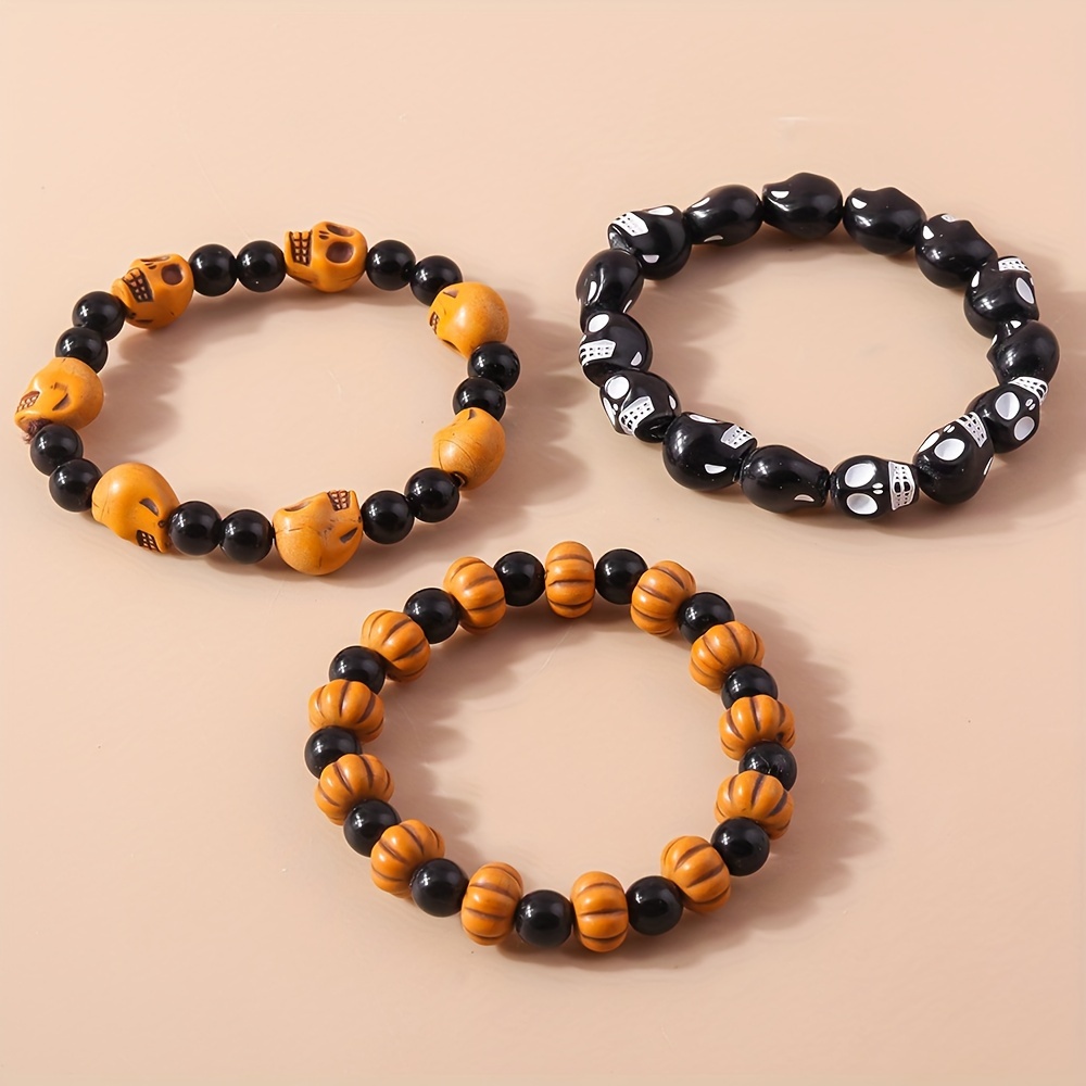 

Beaded Bracelets Set Of 3, Cute Skull And Pumpkin Charm Stretch Bracelets, No Mosaic Jewelry Accessories For Costume Parties And Celebrations