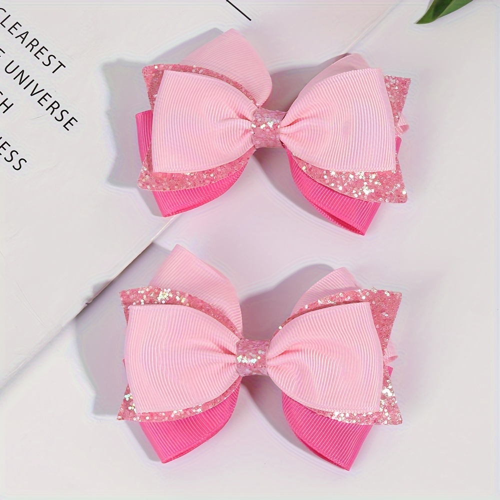 

2pcs Glitter Bow Hair Clips For Girls - Cute Ribbon Bow Hairpins, Ideal For Gifts & Casual Attire, Polyester Fabric, 2.95" X 3.98, Hair Styling|cute | Glitter Detail, Hair Accessories For Girls