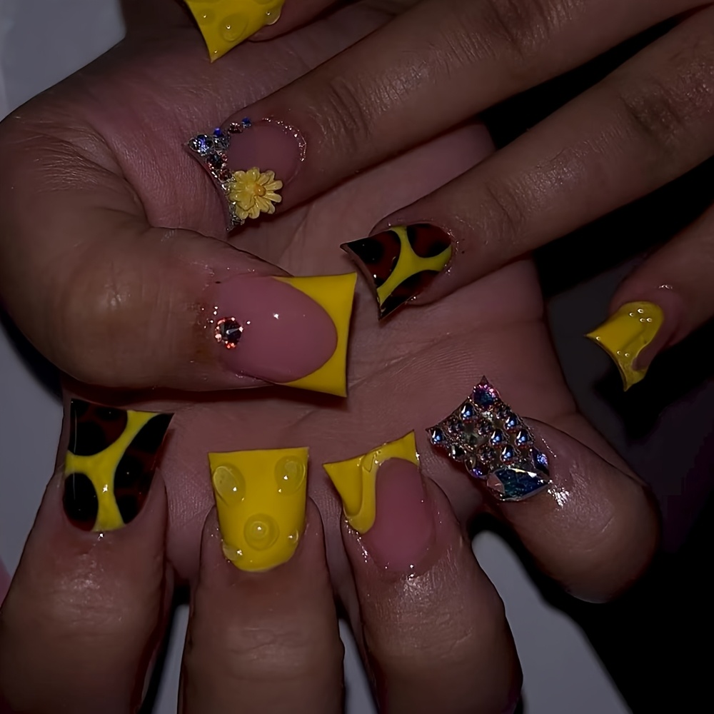 TEMU 24pcs Long Press-on Nails, Lemon Yellow With Nude Sheer Base, With 3d Flowers And Full Rhinestones, Featuring A Dopamine-inducing Look. Sweet