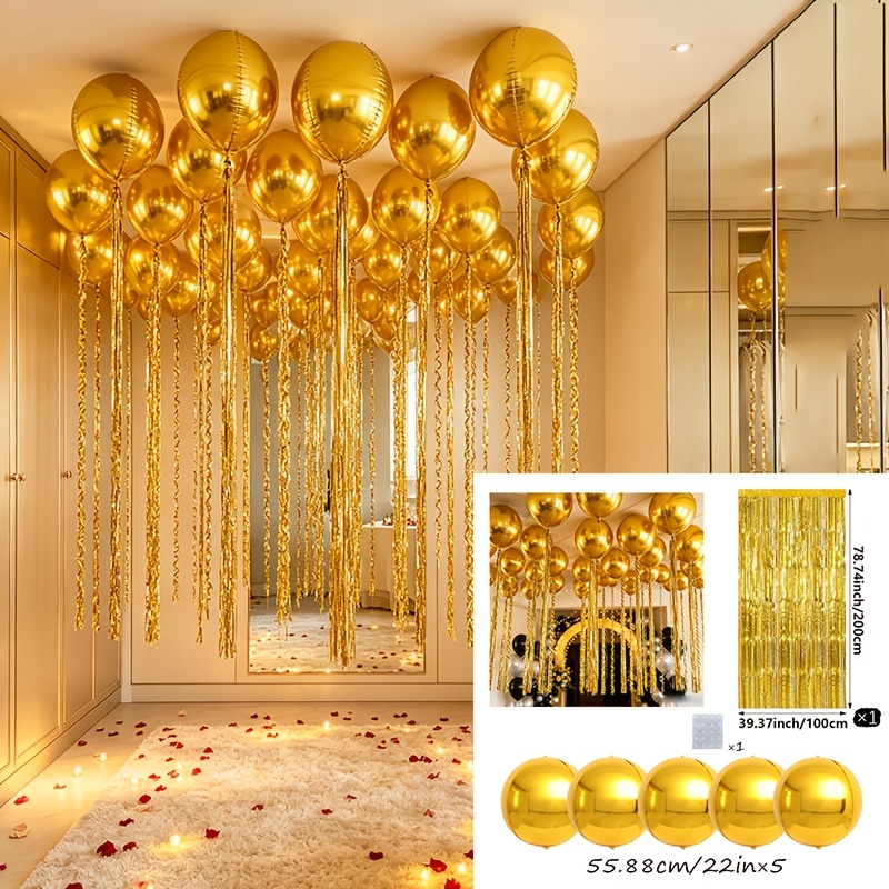 TEMU Ensemble ballon rond en feuille métallisée dorée et ruban (inclut des points adhésifs) ; convient pour anniversaires, fêtes prénatales, remises