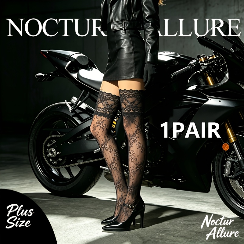 TEMU 1/2 Set Plus Size 40d Black Mesh Over-the-knee Lace Stockings, Floral Pattern Plus Size Thigh-high Socks, Plus Size Nylons, Versatile Design,