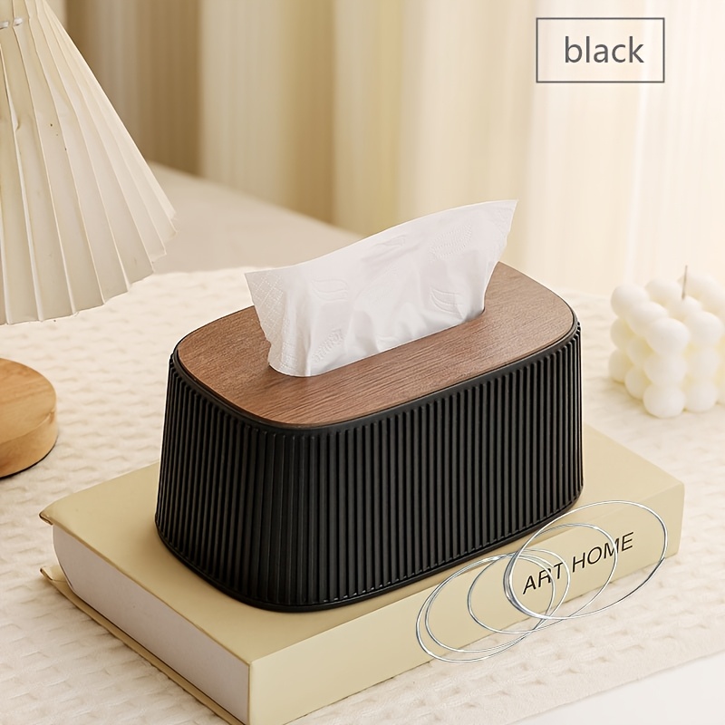 TEMU 1 Nordic Minimalist Style Tissue Box, Featuring A Trendy Ins Cream-colored Design With Vertical Stripe Decoration. This Wooden-lid Tissue Box