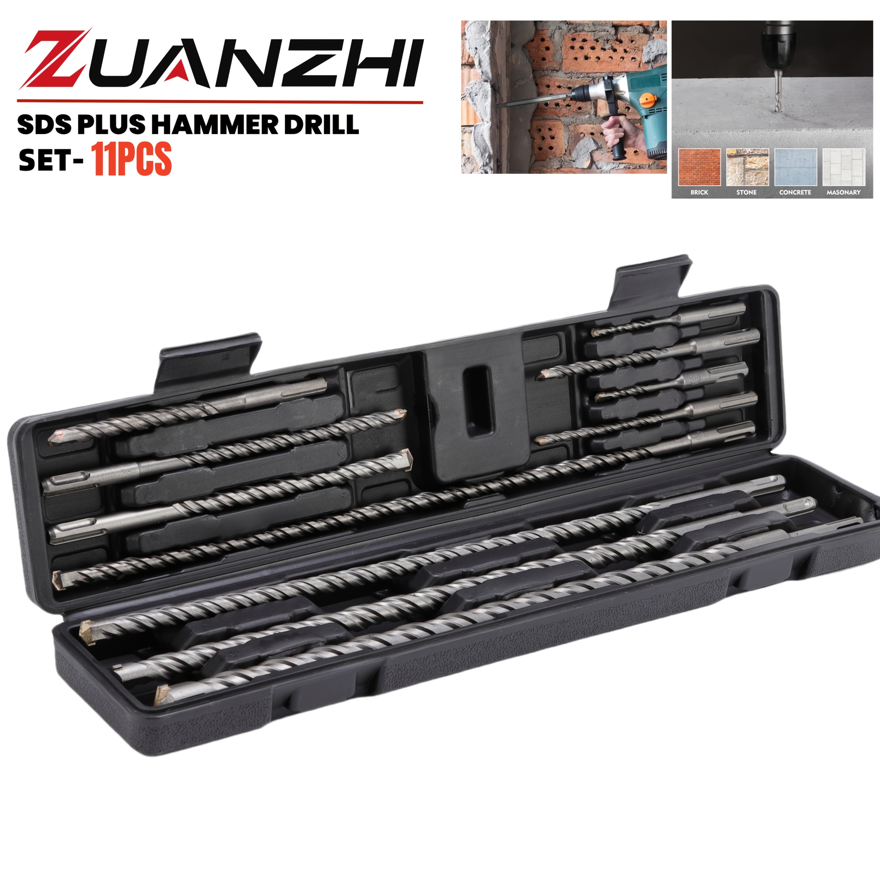 11pcs sds   hammer drill bits set sds plus concrete masonry hole tool drill bits for concrete   with portable storage case110mm 160mm 210mm 450mm long drill bit