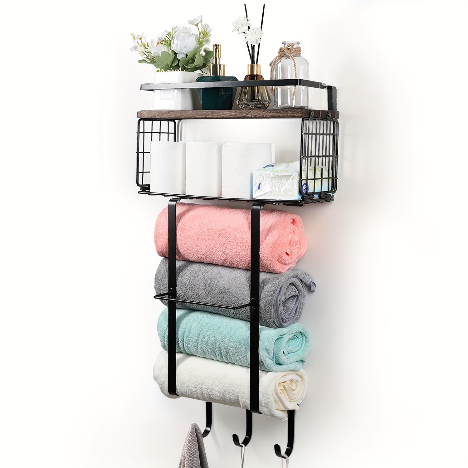 

Towel Rack For Bathroom Wall Mounted - Bath Wall Towel Storage Holder Set Above Toilet, Rolled Towel Shelf Organizer For Small Bathroom Black, Wood Vertical Towel Rack For Bathroom Wall Decor