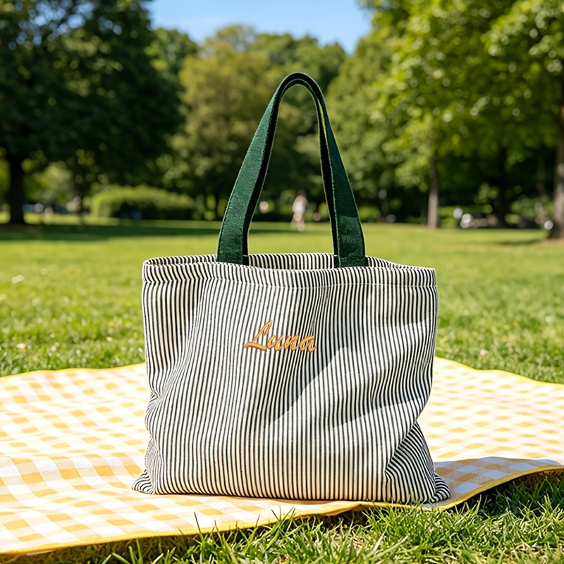 TEMU Sac à main personnalisé brodé en seersucker rayé, adapté pour les , , la plage et les fêtes - Organisateur grande capacité avec compartiments