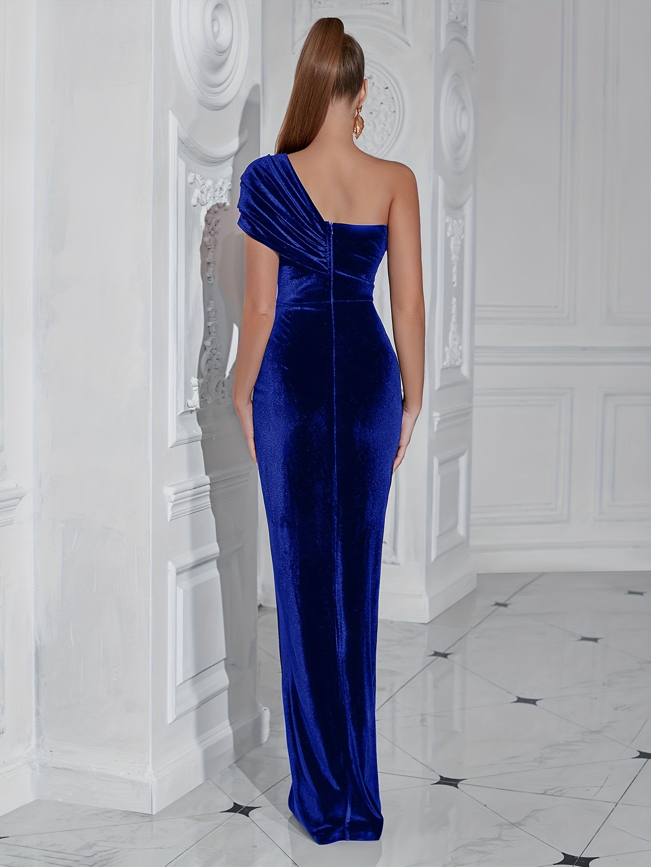 single shoulder ruched velvet graduation party dress long