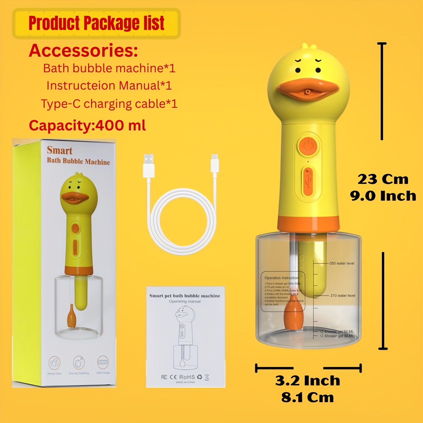 TEMU Rechargeable Electric Pet Foam Shampoo Dispenser Duck Shape Bubble Bath Machine For Washing 13.5oz Capacity, Type-c Usb Soap Foamer For Bathroom Sink, Kitchen, Pet Grooming & Cleaning Use
