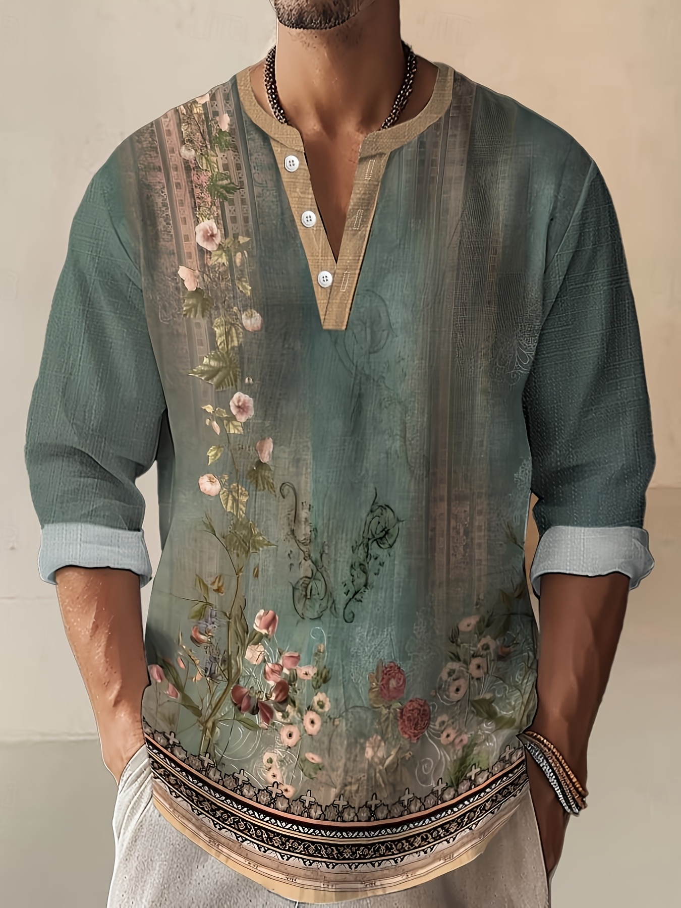three button long sleeve henley shirt matcha color 0