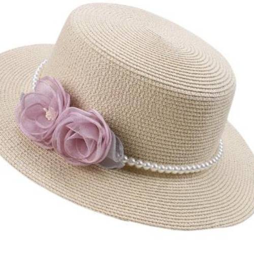 2d flat womens straw boater hat with 3d pink floral accents embellishments wide brim beach hat breathable flat for summer casual formal outfits handcrafted details fashionconscious women