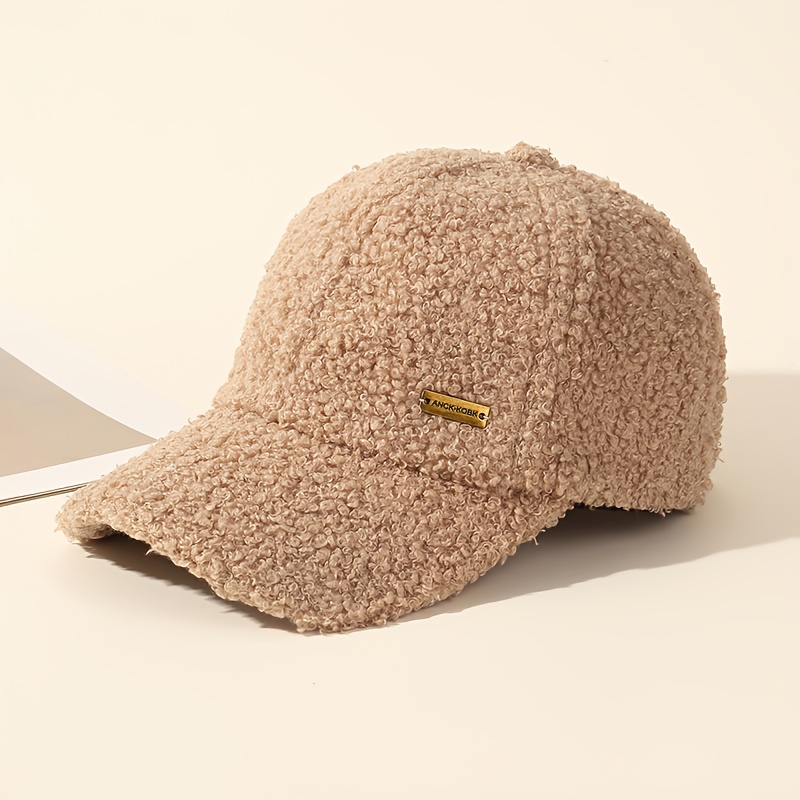E-shop Herbst/Winter Damen Freizeit Warme Baseballkappe, Koreanischer Streetwear-Stil, Plüsch Einfarbig mit einfachem Buchstaben kleinem Metalllogo,