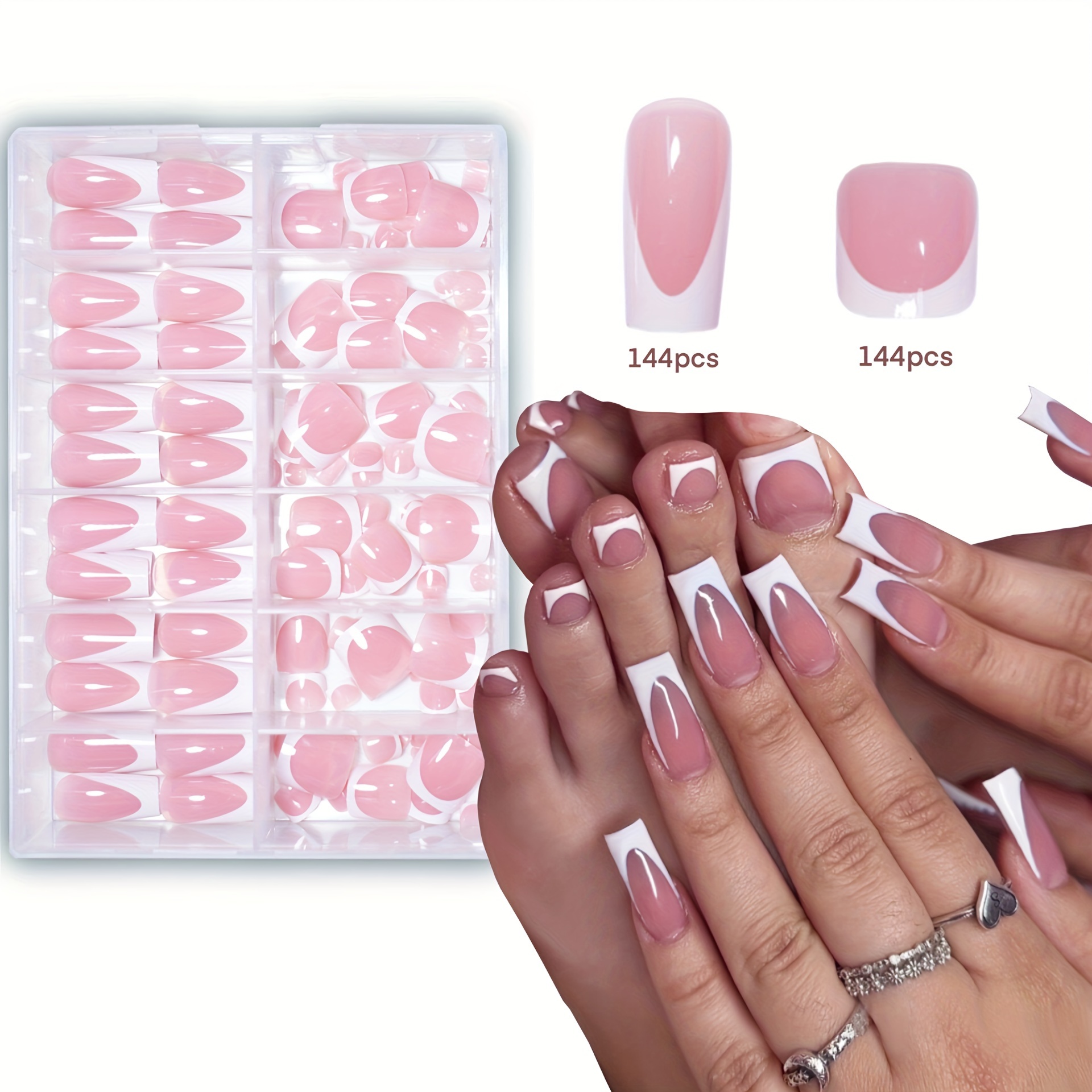 

A Set Of 288pcs And Foot Combination Set White French Nail Stickers Square Long Design Decoration Full Coverage Easy To Apply For Nail Art Lovers