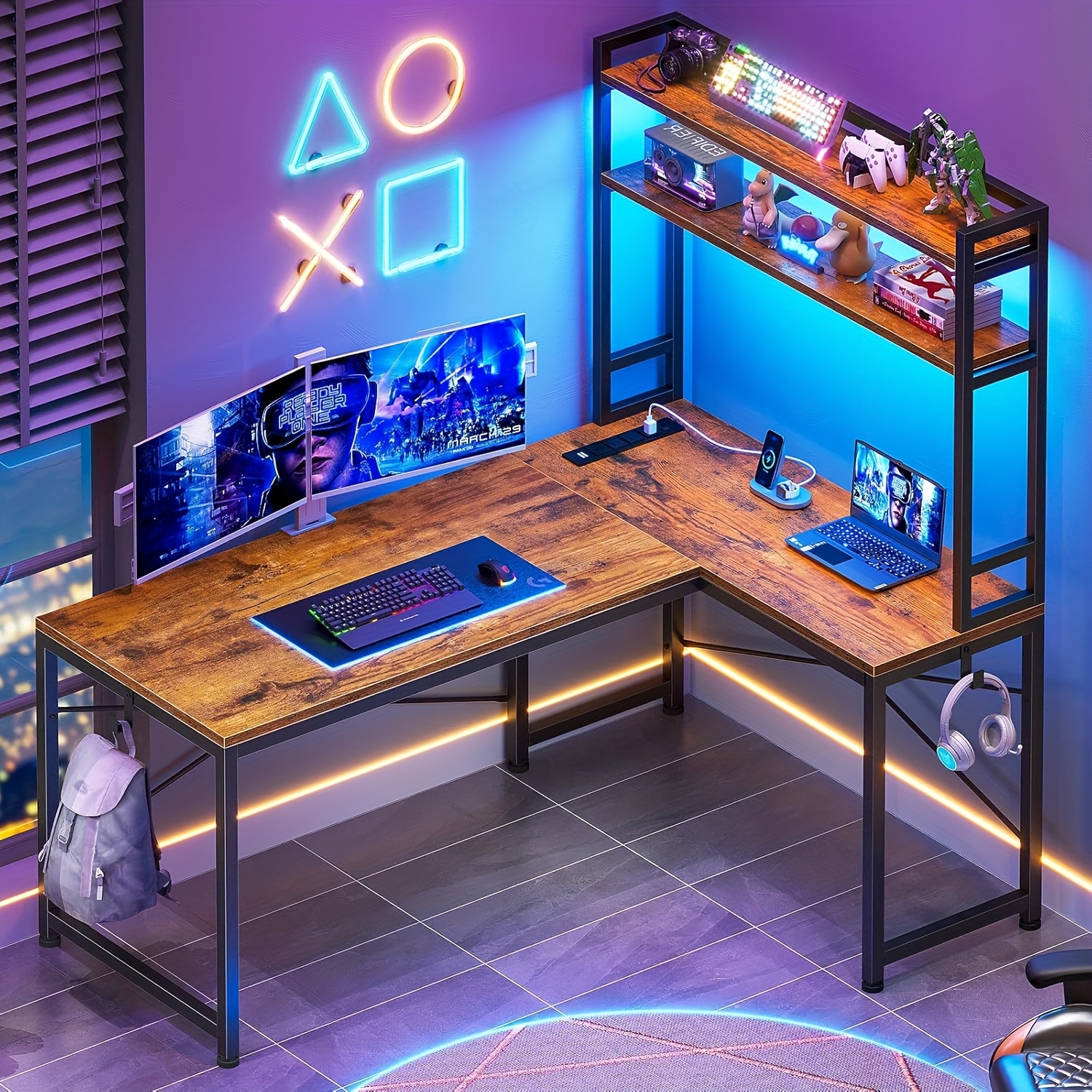 TEMU L Shaped Gaming Desk, Reversible 45.3" Small Desk In With Power Outlet And Led Lights, Corner Gaming Desk With Storage Shelves, Hooks And Hooks