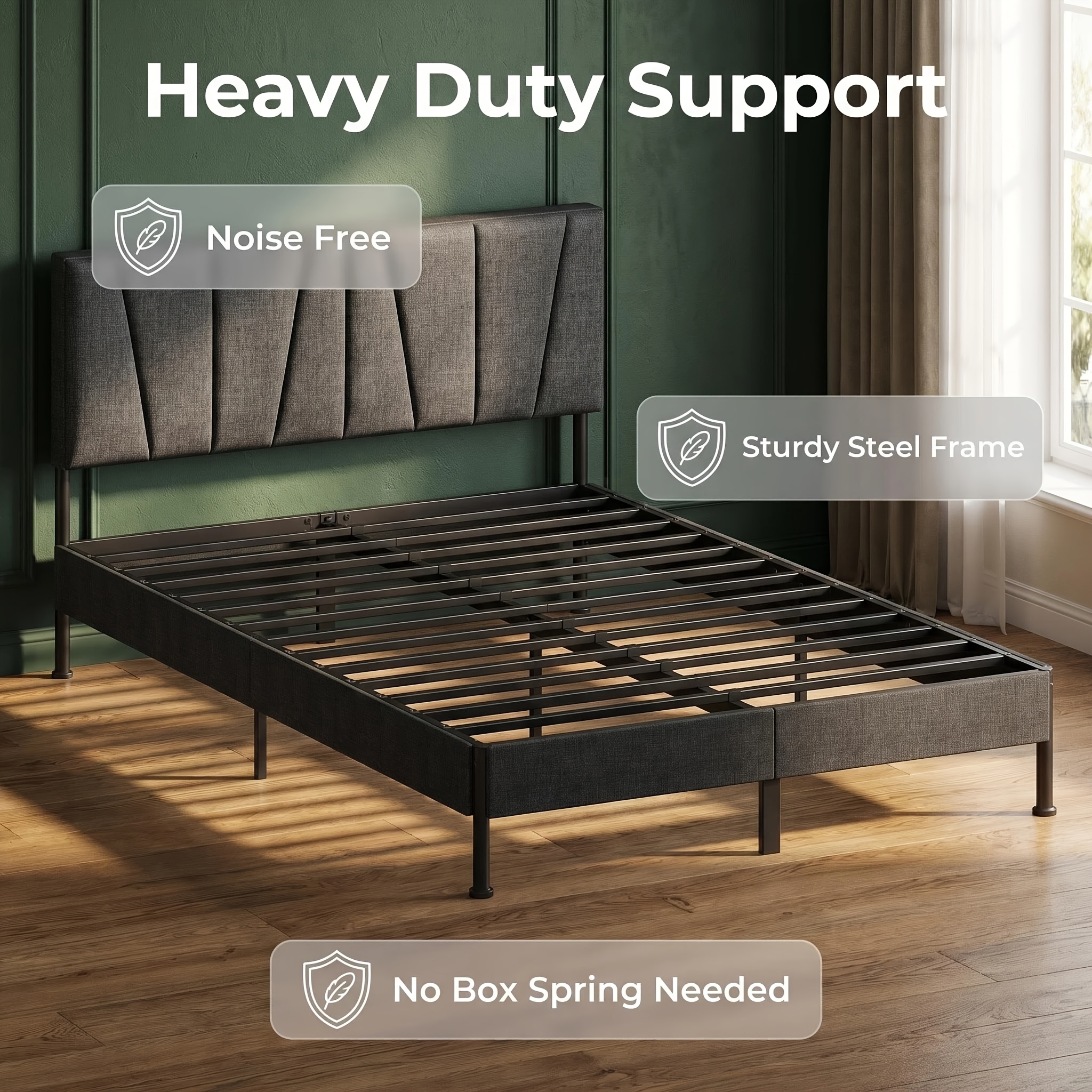 Simple Dark Gray Upholstered Double Bed Frame, Reinforced Metal Frame For , Storage Space Underneath, Practical Large Bed For Home Bedroom.