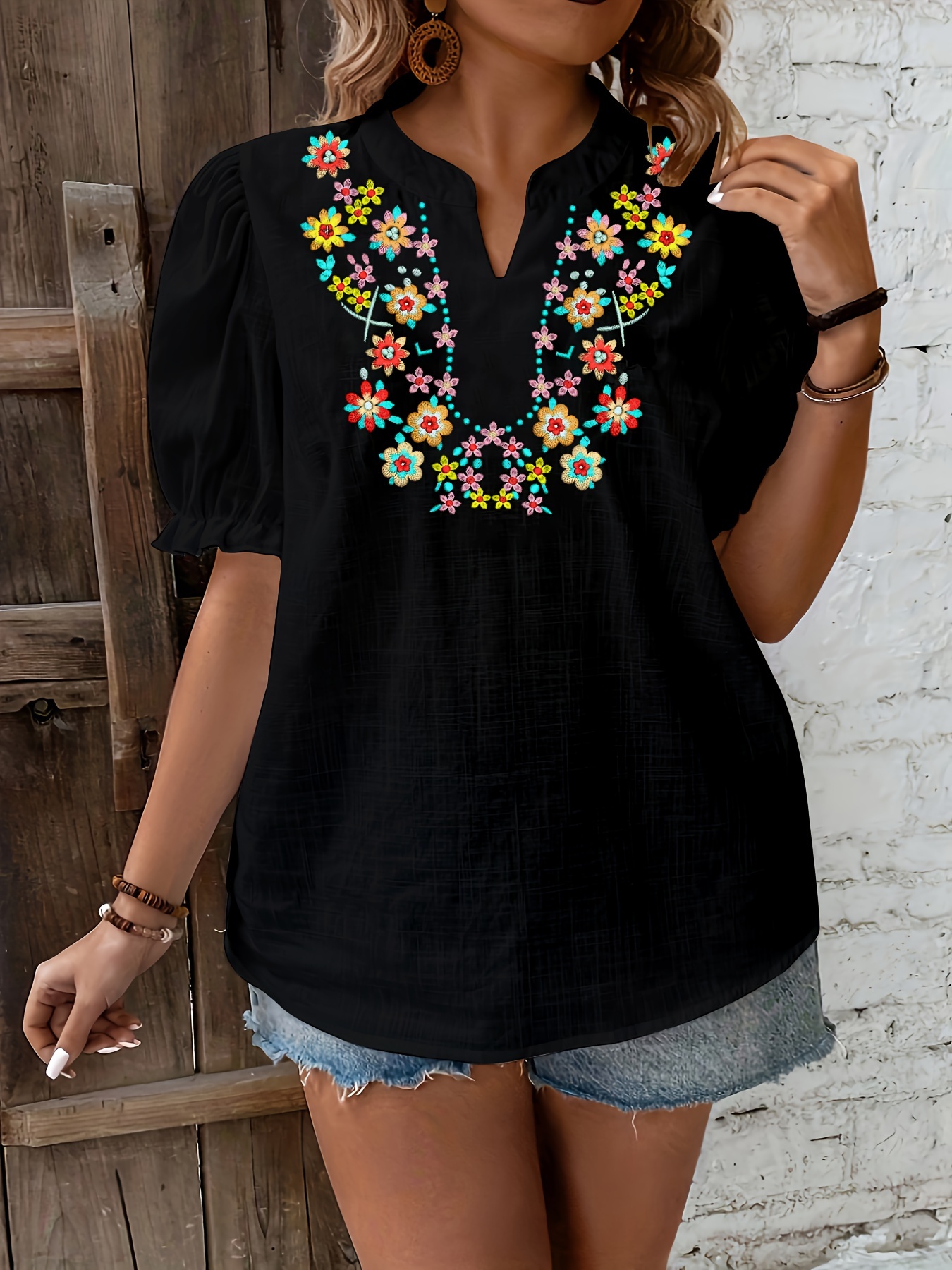 plus size floral embroidered blouse elegant notch neck puff