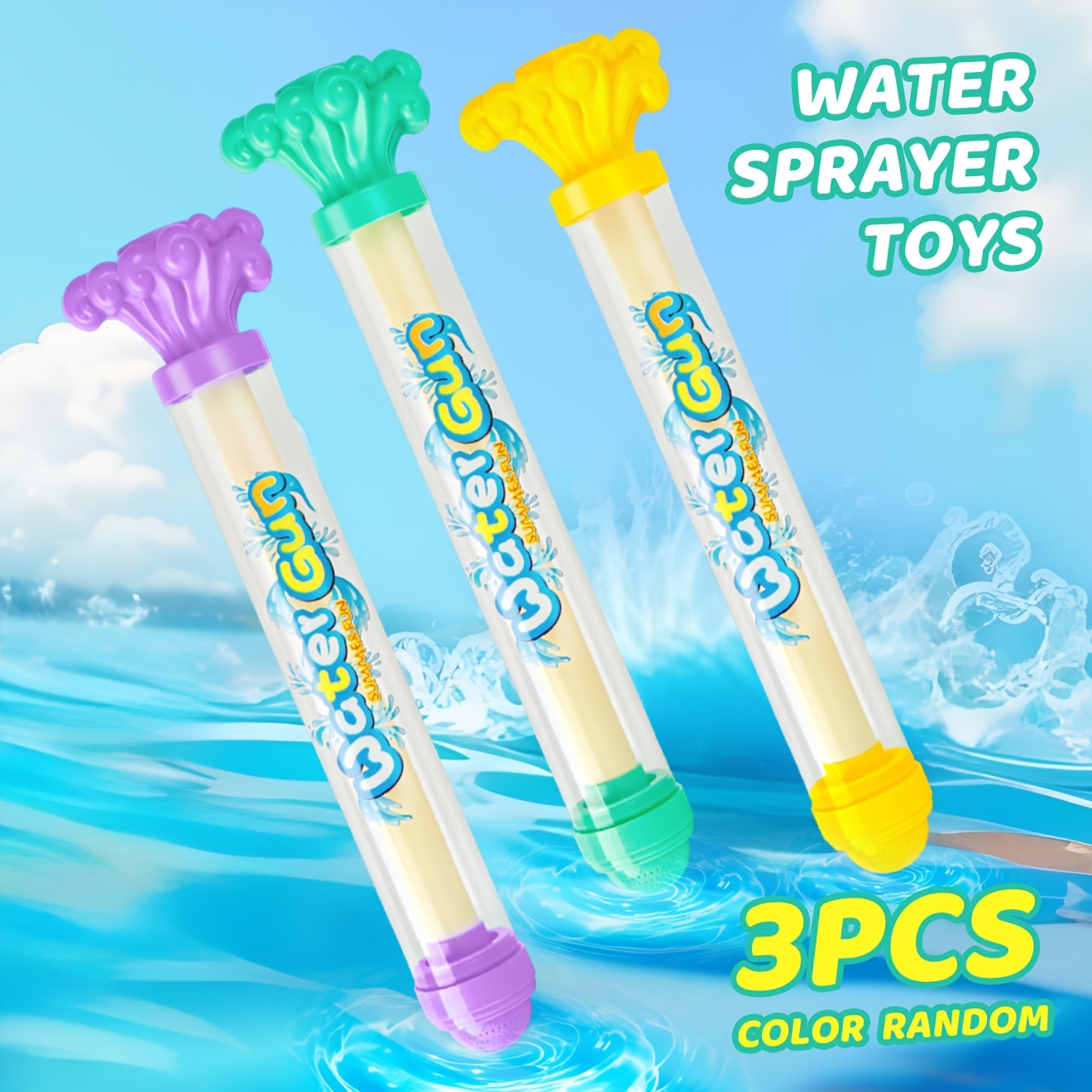 TEMU 3pcs Water Blaster Set With Firework-like Spray Effect | Random Colors, Pull-push Water Sprayers With Multi-stream Splash For Pool, Beach, ,