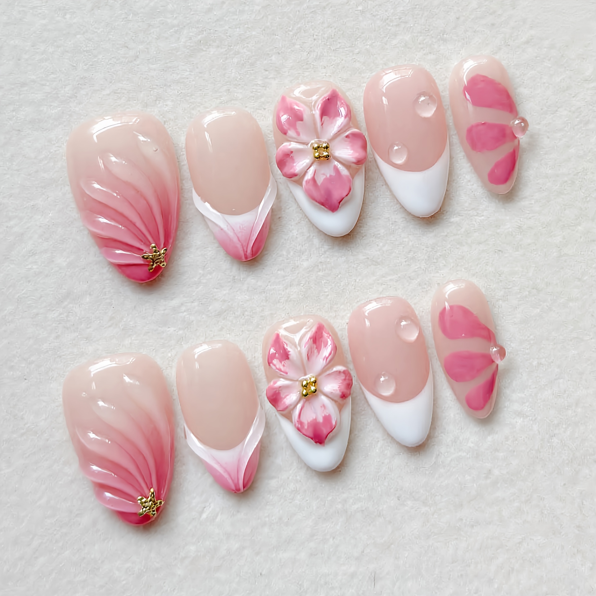 TEMU Lot de 10 faux ongles amandes moyens à pression, dégradé rose doux avec motif de fleur 3D, faux ongles brillants à couverture complète, pointes