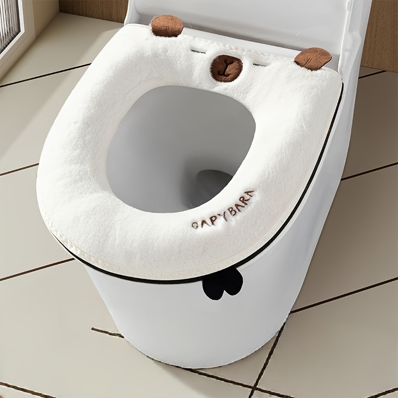 TEMU New Winter-thickened Fuzzy Toilet Seat Cover With Cartoon Embroidery And Built-in Handle - Cute And Warm Zippered Toilet Pad For Home Use