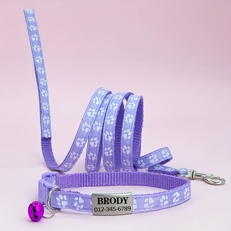 TEMU Custom Pet Collar And Leash Set, Paw Print Cat Collar And Pet Tag Customization, For Outdoor Walking Suitable For Puppies And Cats, Without
