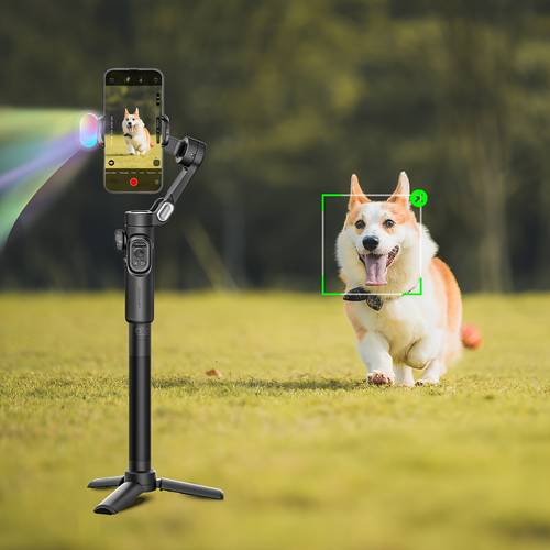 smart gimbal phone stabilizer and extension pole storage bag rgb colors magnetic fill light 360 degree rotation ai automatic face tracking photography indoor and outdoor live broadcasting