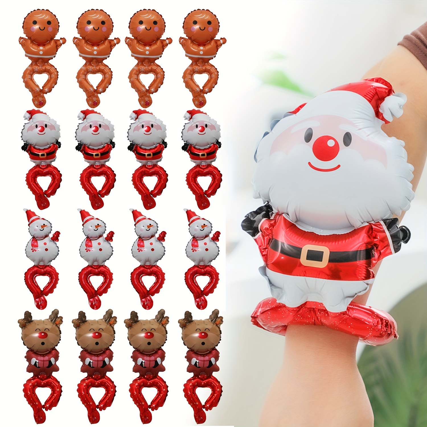 

16 Pcs Christmas & New Year Party Wrist Balloons Set - Festive Cartoon Santa, Reindeer, Snowman & Gingerbread Man Aluminum Foil Balloons For Holiday Decorations, Suitable For Ages 14+