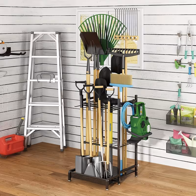 Heavy Duty Metal Storage Rack with Hooks for Long-Handled Tools