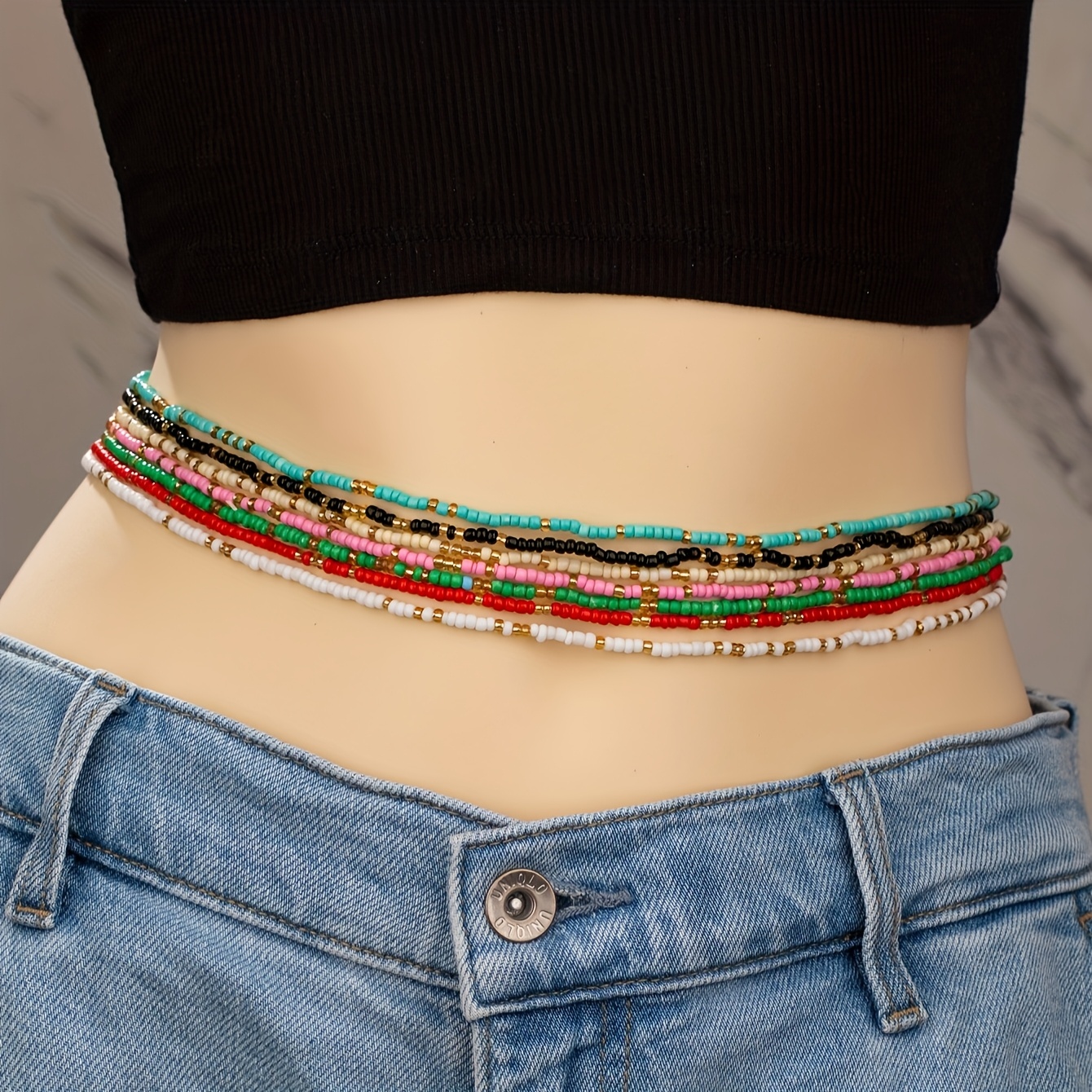 Image of 7pcs Random Handmade Beaded Waist Chain Set, Bohemian And Sexy, For Travel, Vacation, Daily Wear, And Commuting