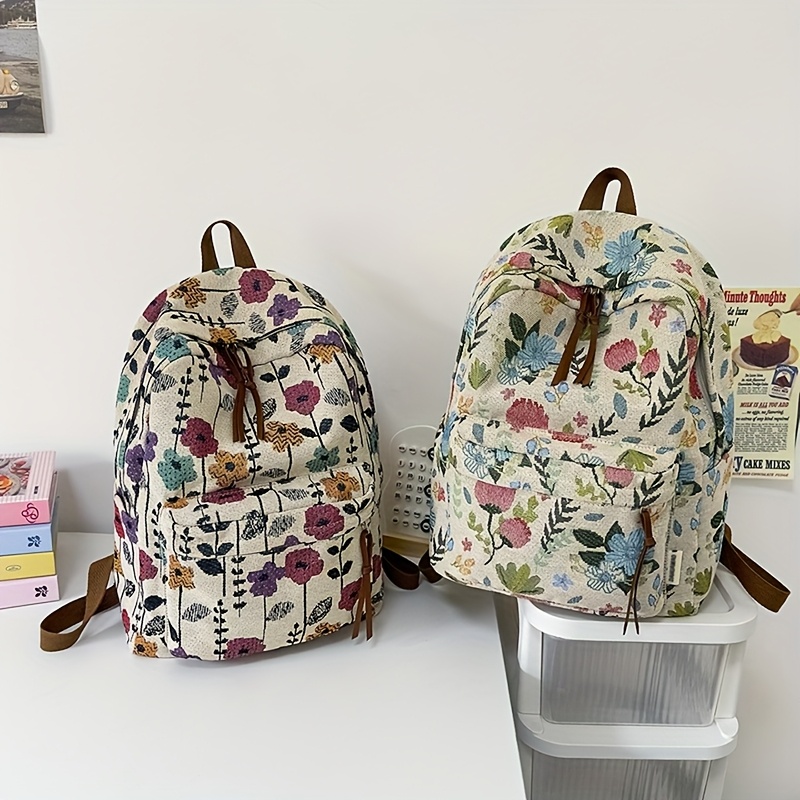 chic floral print nylon backpack casual retro style shoulder