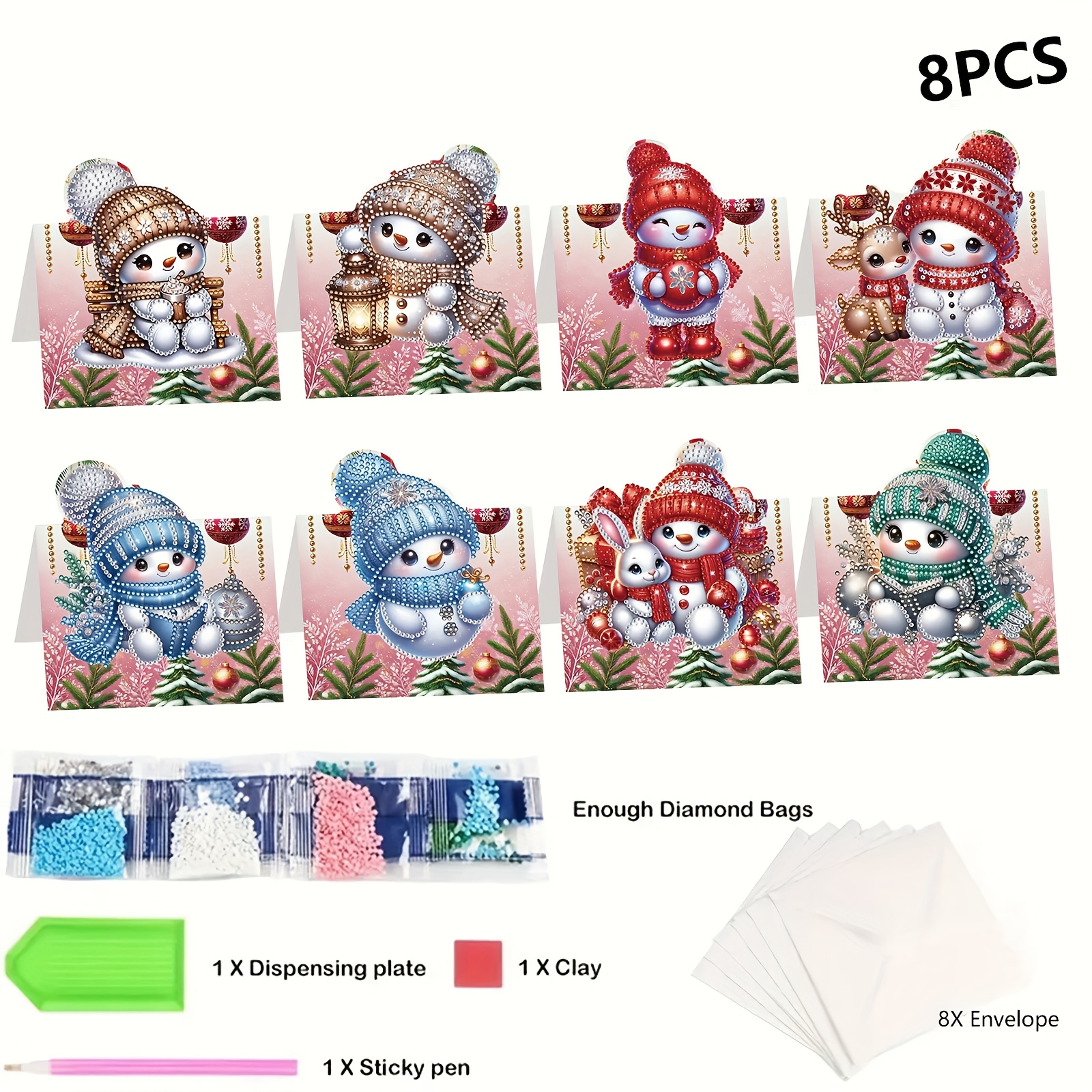 TEMU 8pcs Diy Christmas Snowman Themed Diamond Painting Holiday Greeting Card Set With 8 Envelopes, Special Shape Mosaic Postcard Craft Kit, Suitable