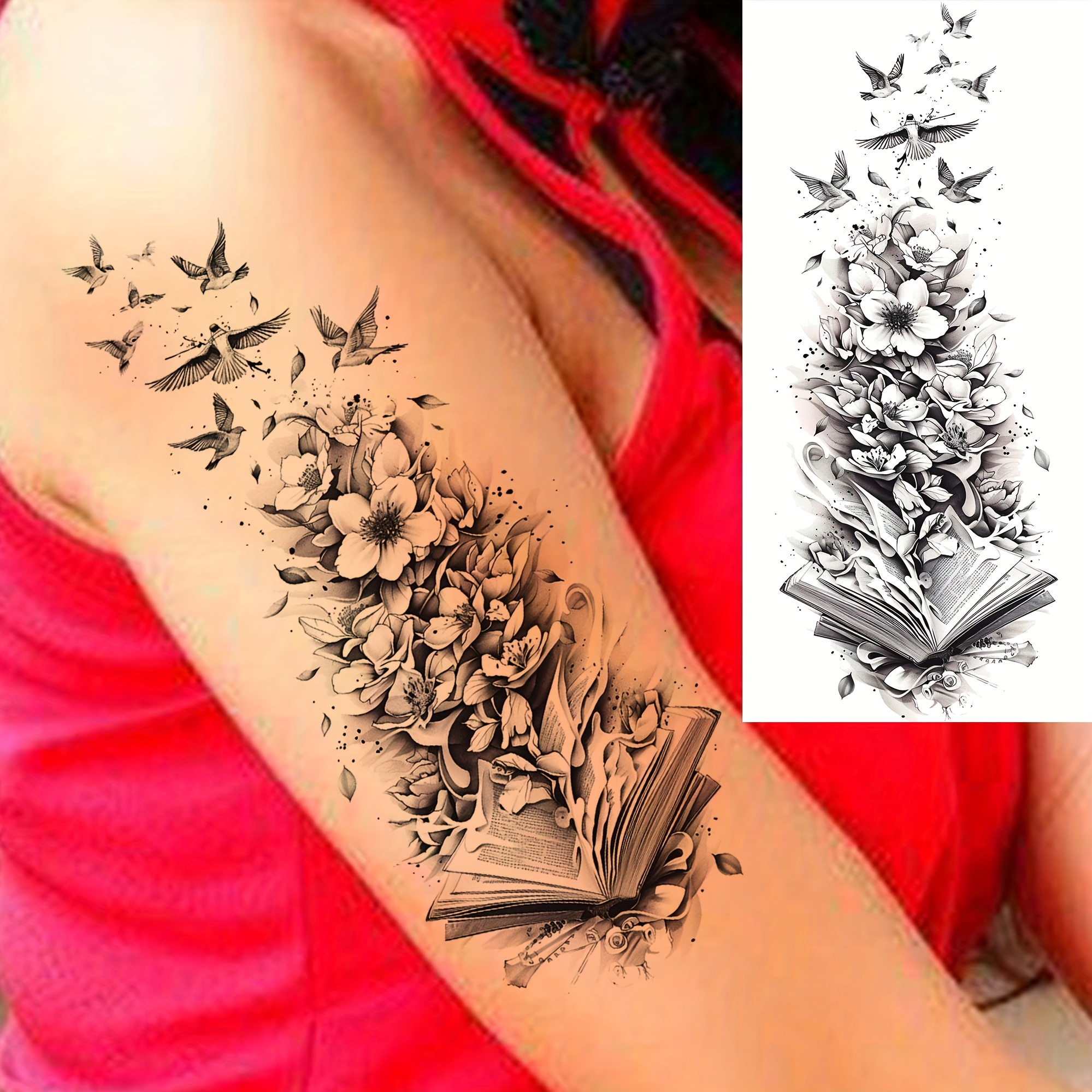 1 Sheet Bird Book Flower Temporary Tattoos For Women Men Legs Forearm Adults Shank Arm Thigh Half Sleeve, Stickers Waterproof Realistic Temp Long Lasting Fake Tattoo