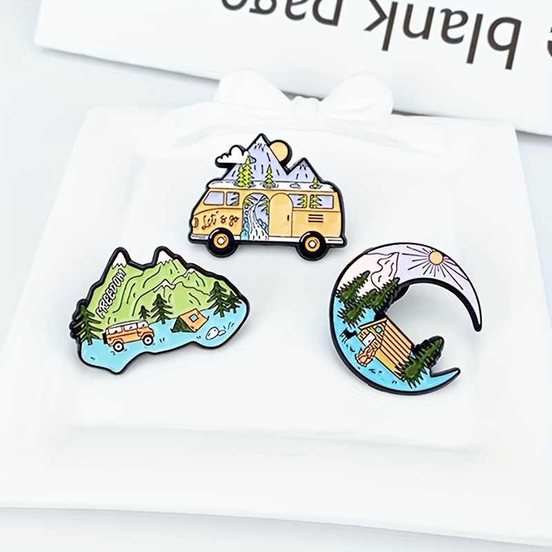 

3pcs Funky Enamel Pins Set, Zinc Alloy Cartoon Landscape Brooches, Geometric & Plant Patterns, Lapel Pin Collection For Clothing And Backpack Decoration, Unique Gift