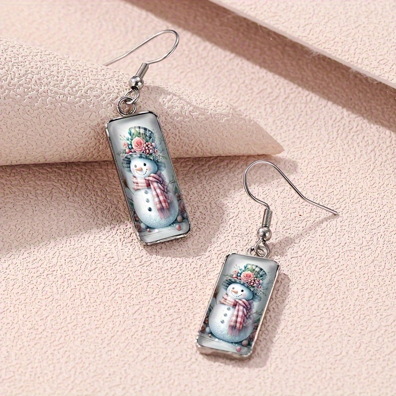 Floral Snowman Earrings, Square Glass Design